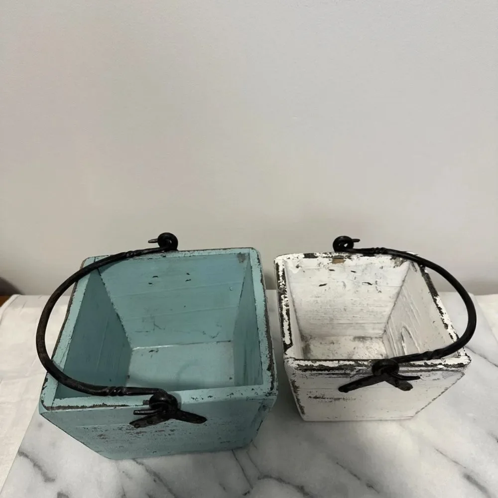 Antique wood buckets pails Rustic Metal Set of 2 - Blue and White